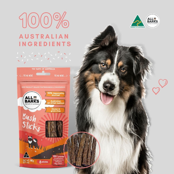 ALL BARKS Aussie Made Bush Sticks Dog Treats are a natural blend of Kangaroo and Venison meat. These yummy chews can be rewarded as a whole or snapped in half. Packed full of yummy benefits and great for teeth and gums.