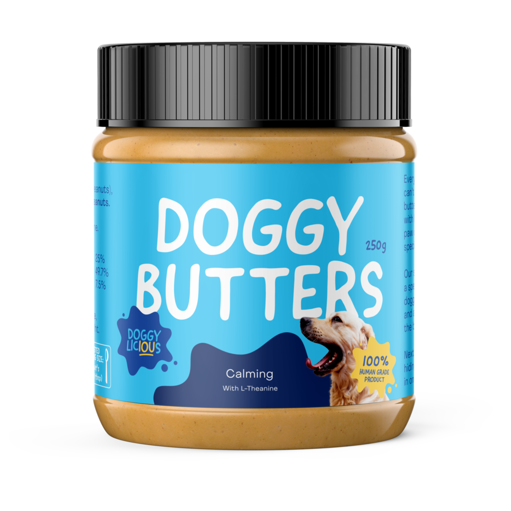 Doggylicious Calming Peanut Butter. Perfect for use n LickiMats and in treat dispensing dog toys. Calming Butter may help reduce anxiety in your dog.