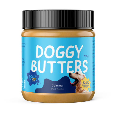 Doggylicious Calming Peanut Butter. Perfect for use n LickiMats and in treat dispensing dog toys. Calming Butter may help reduce anxiety in your dog.
