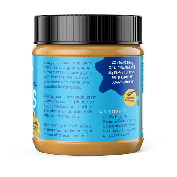 Doggylicious Calming Peanut Butter. Perfect for use n LickiMats and in treat dispensing dog toys. Calming Butter may help reduce anxiety in your dog.