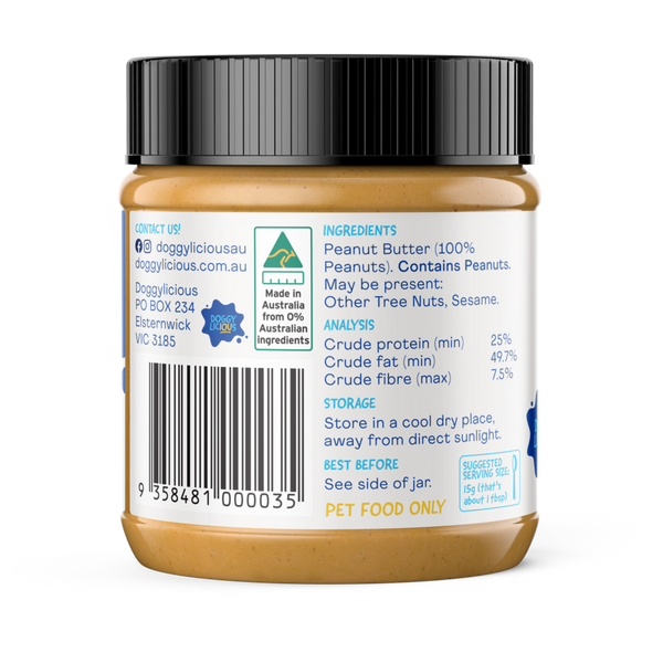 Doggylicious Peanut Butter for Dogs. Perfect for using with Dog enrichment on LickiMats and in treat dispensing toys and more.