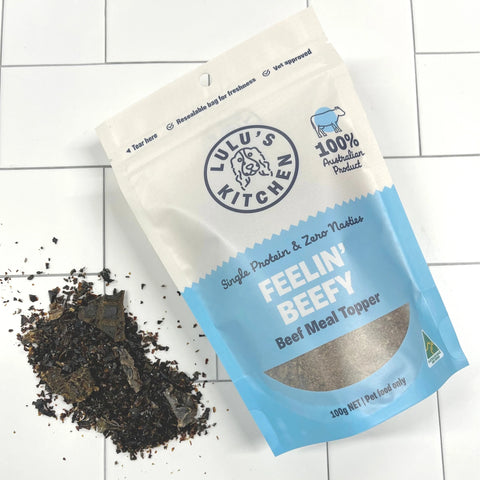 Feelin' Beefy is made with shredded beef- the beef pieces are different shapes and sizes. Sprinkle over your dogs meals to change up flavour and add nutritional content. Great for use with lick mats!
