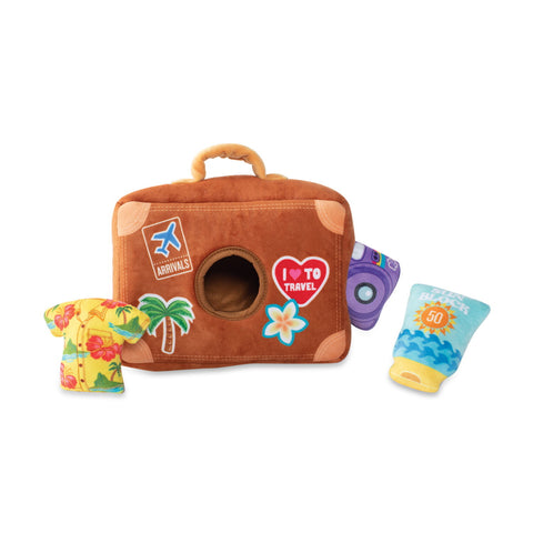 Fringe Studio Pack your Bags, interactive hide and seek plush squeaky puzzle toy for dogs. Enrichment and boredom busting burrow dog toy.