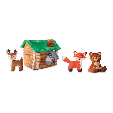 Fringe Studio on cabin time, interactive hide and seek plush squeaky puzzle toy for dogs. Enrichment and boredom busting burrow dog toy.