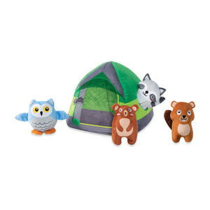 Fringe Studio Happy Campers, Interactive hide and seek burrow for dogs. Enrichment and boredom busting toys for dogs.