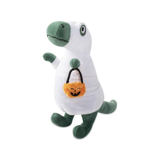 Halloween Themed dog toy from Fringe studio. Ghosted T-Rex plush squeaky dog toy.
