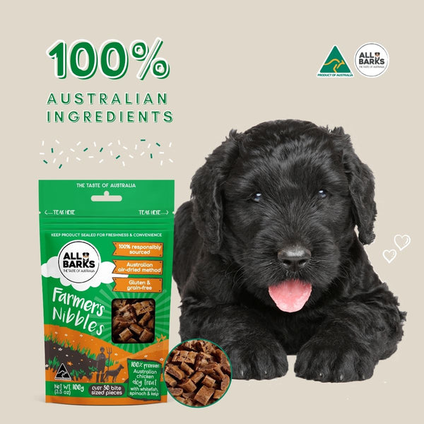 All Barks  Farmer’s Nibbles and treat your dog to a yummy blend of Aussie chicken, whitefish, spinach and kelp. An enjoyable blend of Australian ingredients to get any tail wagging! Each little nibble is bite sized making them suitable for all life stages and ideal for training, snacks or just because you love your dog.