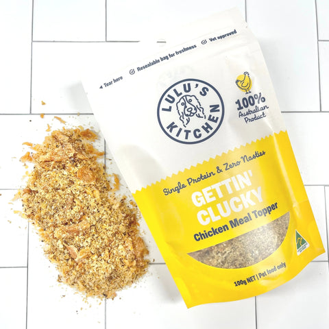 Gettin' Clucky is made with shredded Chicken Breast Jerky- super lean, high protein, nutrient dense meal topper. Simply sprinkle over your dogs meals to change up flavour and add nutritional content. Great for use with lick mats!