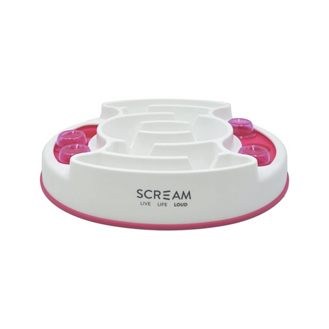 Slow down your eager eater with Scream® Slow Feed Puzzle Bowl. This Interactive bowl is a slow feeder and puzzle toy in one! The middle of the bowl acts as a slow feeder and the sides are an interactive puzzle game. Dog Enrichment.