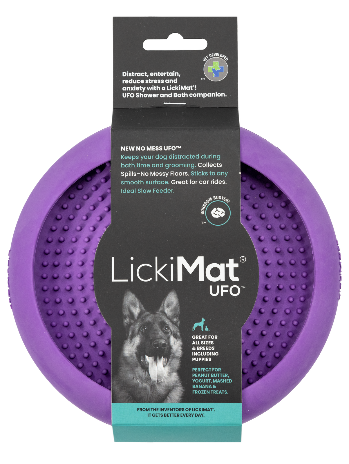 LickiMat® UFO is the ideal soothing aid when it comes to grooming, Bath time or for use just as a Lick mat. Made for use on vertical surfaces, UFO design to catch Saliva and food.   The little nubs soothe your dog as they lick, helping reduce stress and anxiety.