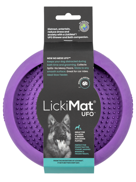 LickiMat® UFO is the ideal soothing aid when it comes to grooming, Bath time or for use just as a Lick mat. Made for use on vertical surfaces, UFO design to catch Saliva and food.   The little nubs soothe your dog as they lick, helping reduce stress and anxiety.