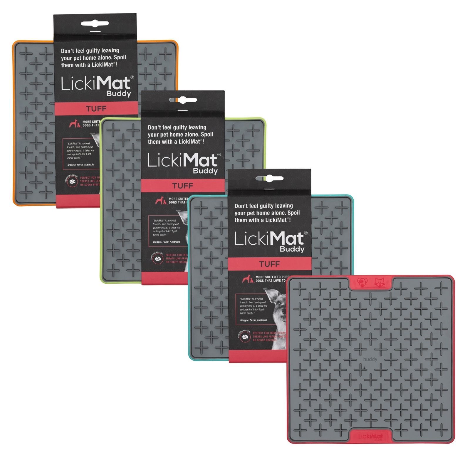 LickiMat® TUFF Range is suitable for Dogs that like to chew or Teething Puppies. LickiMat® Buddy- Perfect for treats like Peanut Butter, Mashed Banana and Raw food.Lick mats are an all round Enrichment product for pets. A versatile product that has many benefits and uses such as Anxiety reliever, Treat Feeder, Training Aid, Boredom Buster and slow feeder. Lick Mats can help reduce Anxiety and Boredom in your pet. The extended action of licking releases a calming hormone in Dogs.
