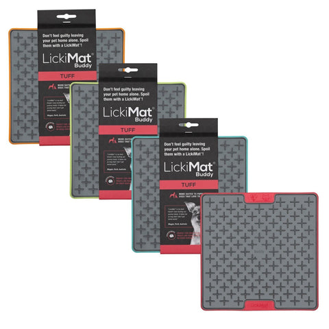 LickiMat® TUFF Range is suitable for Dogs that like to chew or Teething Puppies. LickiMat® Buddy- Perfect for treats like Peanut Butter, Mashed Banana and Raw food.Lick mats are an all round Enrichment product for pets. A versatile product that has many benefits and uses such as Anxiety reliever, Treat Feeder, Training Aid, Boredom Buster and slow feeder. Lick Mats can help reduce Anxiety and Boredom in your pet. The extended action of licking releases a calming hormone in Dogs.
