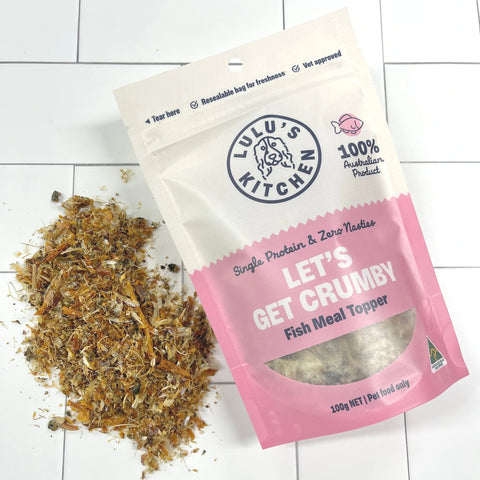 Let's Get Crumby Meal Topper is made with ground Australian Fish- Predominately Whiting. Packed full of nutrition making them great for ageing dogs and those with arthritic ailments and joint mobility issues. Packed with vitamin b, magnesium and protein. Also high in Omega-3 fatty acids for a healthy coat! Simply sprinkle over your dogs meals to change up flavour and add nutritional content. Great for use with lick mats! And a little goes a long way.