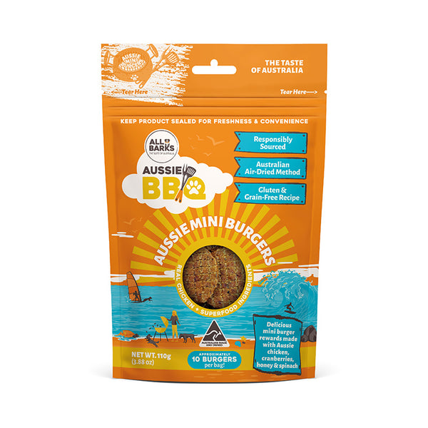 All Barks Aussie BBQ Aussie Mini Burgers. Australian Made Dog Treats. Perfect Dog Snack or training reward