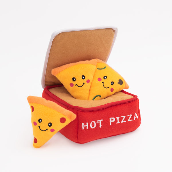Zippy Paws Burrow interactive hide and seek dog toy. Pizza box with 3 x squeaky pizza slices. Boredom buster for your dog.