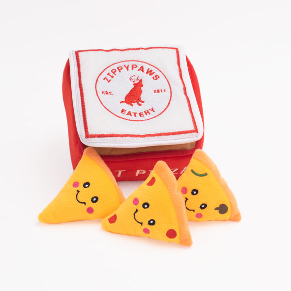 Zippy Paws Burrow interactive hide and seek dog toy. Pizza box with 3 x squeaky pizza slices. Boredom buster for your dog.