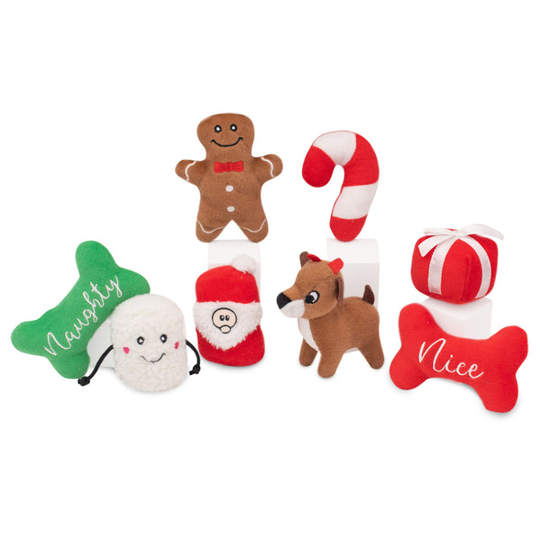 Zippy Paws Christmas themed dog toy set. Includes 8 x plush squeaky dog toys.