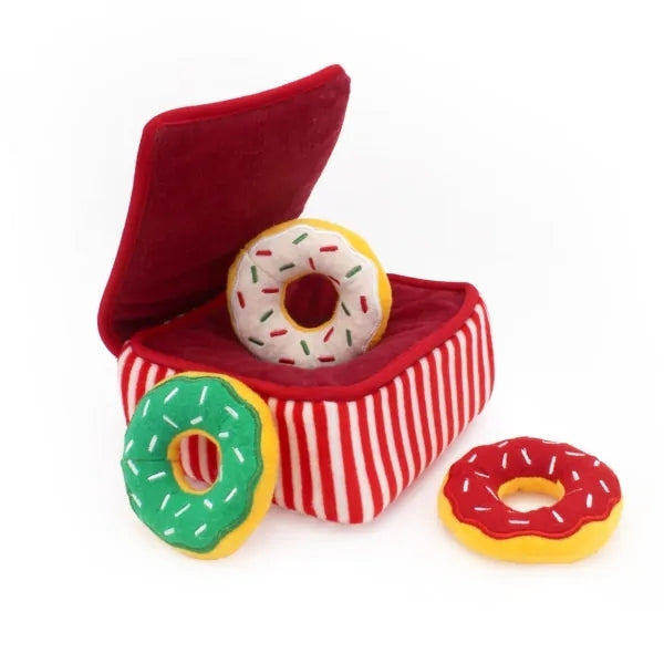 Zippy Paws Holiday Burrow Dog Toy - Christmas Donutz Box + 3 Squeaker Toys