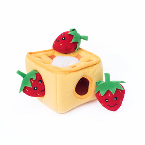 Interactive puzzle hide and seek toy. Boredom buster dog toy for dog enrichment from Zippy Paws. Strawberry Waffles Burrow Dog Toy.
