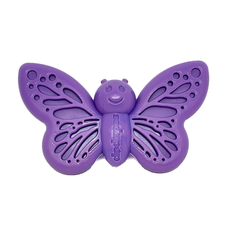 A purple butterfly-shaped dog chew toy with holes for chewing and a central butterfly face with eyes and antennae.