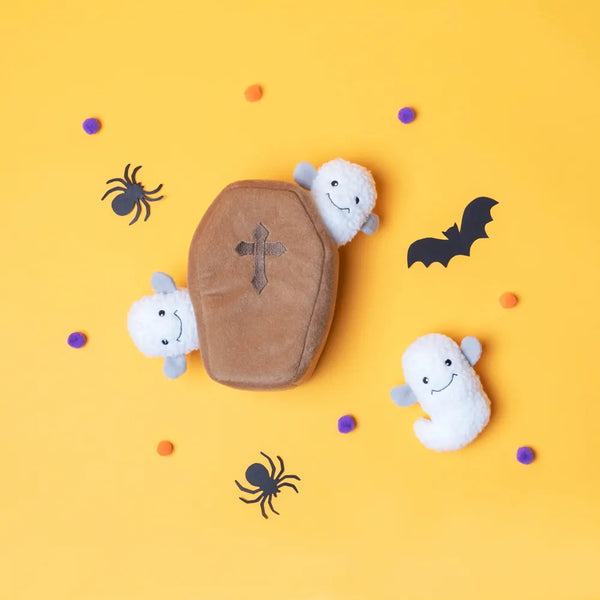 Have a spook-tacular Halloween with the Zippy Paws Halloween Coffin with Ghosts Burrow Dog Toy! Hide and seek burrow toy, helps fight boredom in your dog.