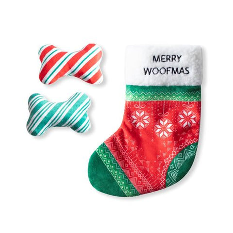 Fringe Studio Christmas Stocking with 2 Plush Squeaker Dog Toys - Merry Woofmas