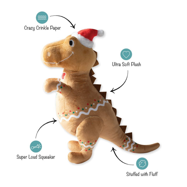Fringe Studio Holiday Christmas Cookie-Saurus T-Rex Dinosaur! This festive holiday plush dog toy features a unique gingerbread cookie design. 