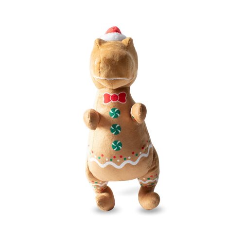 Fringe Studio Holiday Christmas Cookie-Saurus T-Rex Dinosaur! This festive holiday plush dog toy features a unique gingerbread cookie design. 