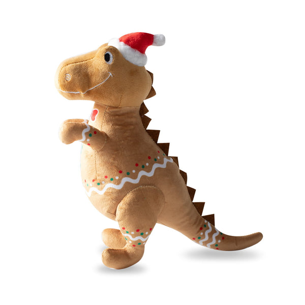 Fringe Studio Holiday Christmas Cookie-Saurus T-Rex Dinosaur! This festive holiday plush dog toy features a unique gingerbread cookie design. 