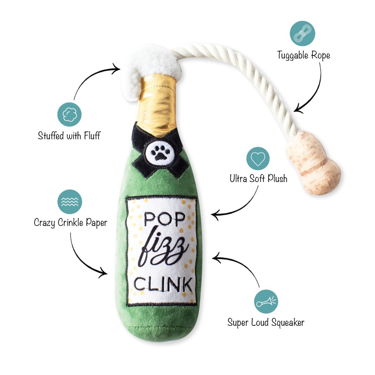 Fringe Studio Pop Fizz Clink Crinkle Squeaky plush dog toy. Helps fight boredom in your dog through play!