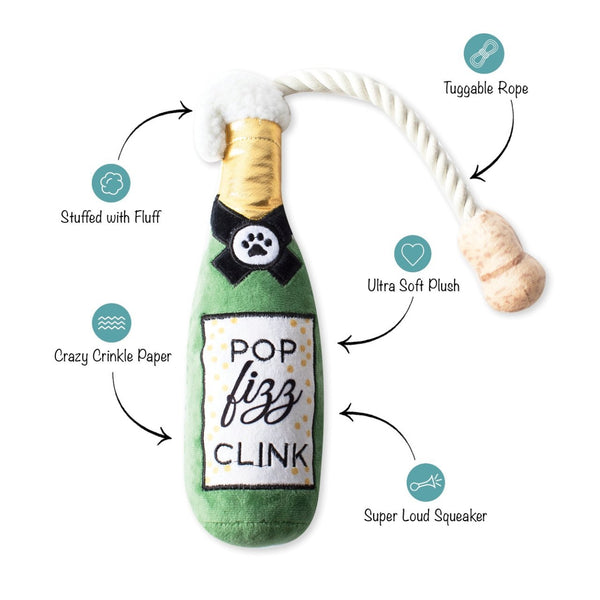 Fringe Studio Pop Fizz Clink Crinkle Squeaky plush dog toy. Helps fight boredom in your dog through play!