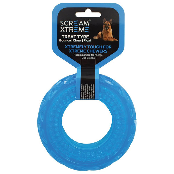 Scream Xtreme Chew/Treat Tyre Dog Toy for power chewers loud blue XL