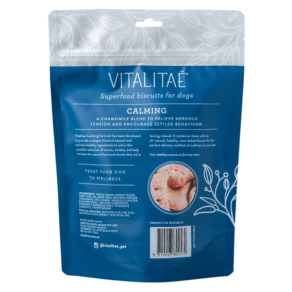 Vitalitae Calming Biscuit for Dogs 350g. Helps relieve nervous tension and encourage settled behaviour in your dog.