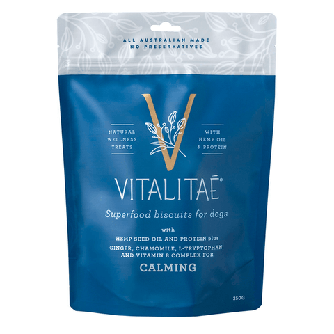 Vitalitae Calming Biscuit for Dogs 350g. Helps relieve nervous tension and encourage settled behaviour in your dog.